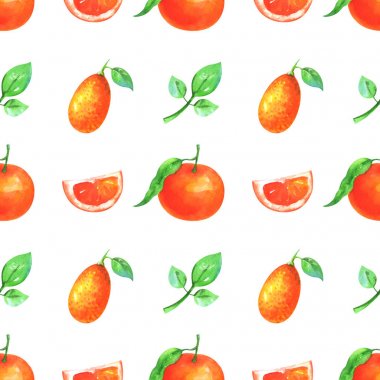 El boyalı minimalist sorunsuz meyve deseni. Suluboya dilimleri ve bütün mandarin, Kamkat ve beyaz arka plan üzerinde izole yaprak yeşil