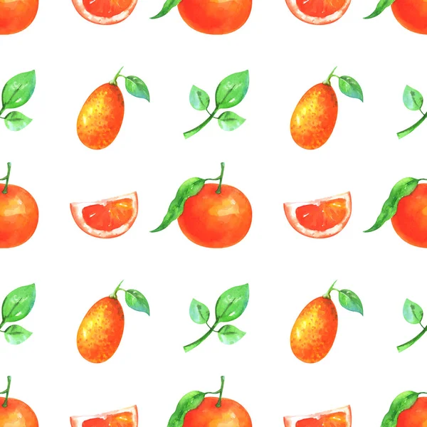 Handgemaltes Minimalistisches Nahtloses Fruchtmuster Aquarellscheiben Und Ganze Mandarine Kumquat Und — Stockfoto