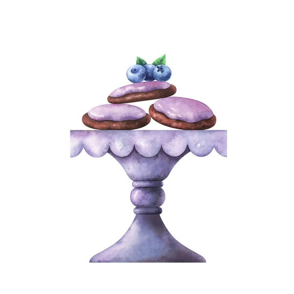 Иллюстрация Шоколадного Печенья Акварели Глазурью Голубикой Зелеными Листьями Стенде Торта — стоковое фото