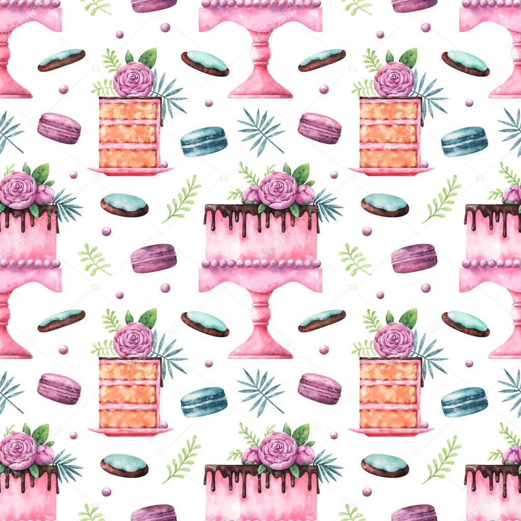 Hand painted watercolor seamless pattern with slice and whole cake, macaroons, cookies and plants isolated on white background