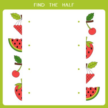 Böğürtlen için yarısını bul. Çocuklar için basit eğitim oyununun vektör çalışma tablosu