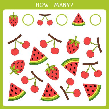 Çocuklar için eğitici matematik oyunu. Kaç böğürtlen say ve sonucu yaz. Vektör illüstrasyonu