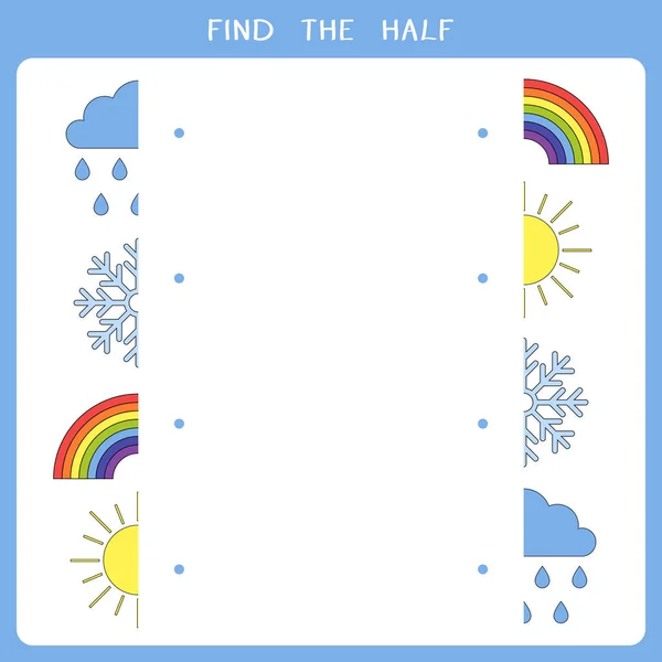 Find Half Weather Symbols Vector Worksheet Simple Educational Game Kids — Stock Vector