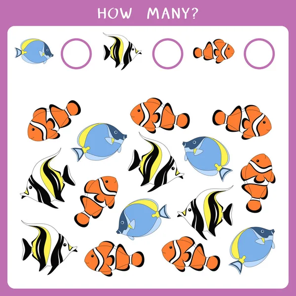 Çocuklar için eğitici matematik oyunu. Kaç balık olduğunu say ve sonucu yaz. Vektör illüstrasyonu
