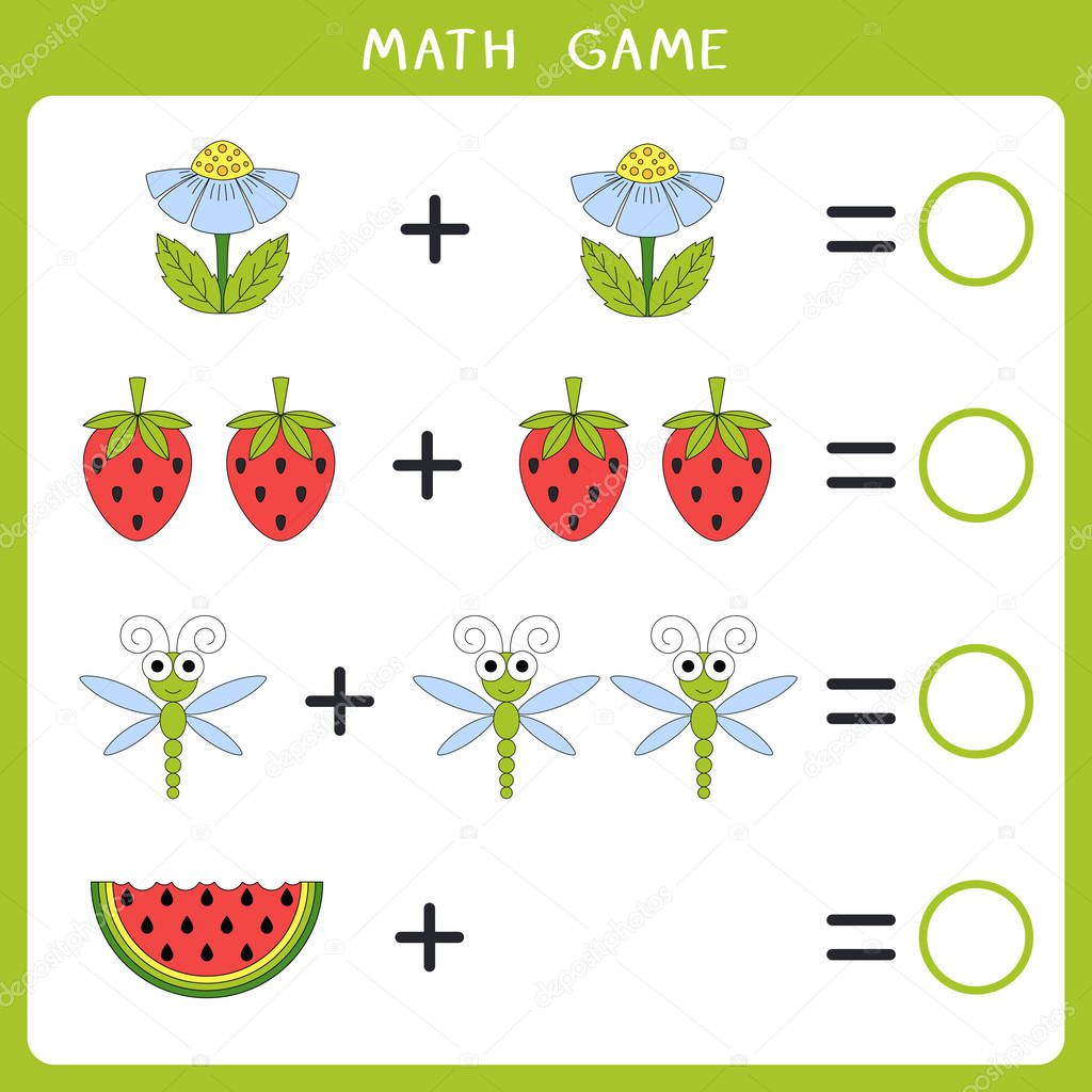 Educational math game for kids. Add and write the result. Vector illustration