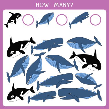 Çocuklar için eğitici matematik oyunu. Kaç balina olduğunu say ve sonucu yaz. Vektör illüstrasyonu