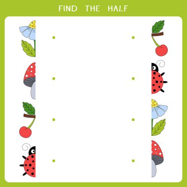 Nesne için yarısını bul. Çocuklar için basit eğitim oyununun vektör çalışma tablosu