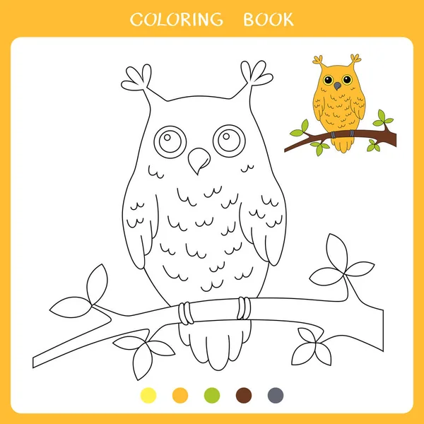 子供のための簡単な教育ゲーム 本を着色するために枝に座ってフクロウのベクトルイラスト — ストックベクタ