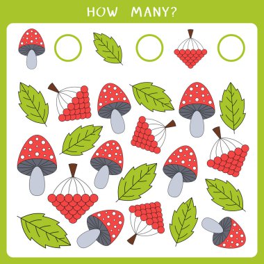 Çocuklar için eğitici matematik oyunu. Kaç tane yaprak, böğürtlen ve mantar say ve sonucu yaz. Vektör illüstrasyonu