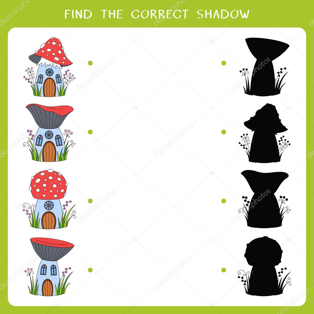 Find the correct shadow for mushroom house. Vector worksheet of simple educational game for kids