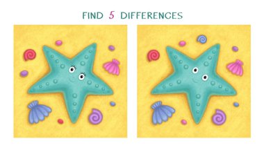 Beş farklılık bul. Çocuklar için basit bir eğitim oyunu. Kumsaldaki sevimli deniz yıldızının dijital çizimi