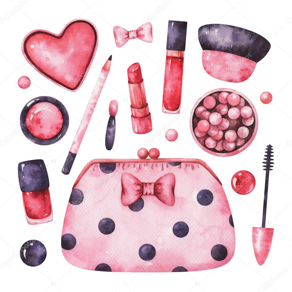 Hand painted watercolor set with cosmetic bag, lipstick, nail polish, mascara, eyeliner, blusher, lip gloss and brushes isolated on white background. Makeup collection
