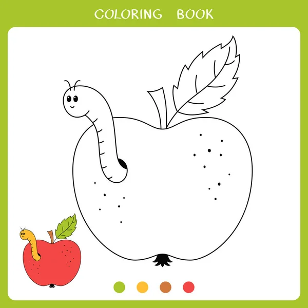 Çocuklar için basit bir eğitim oyunu. Boyama kitabı için komik solucanlı elmanın vektör çizimi
