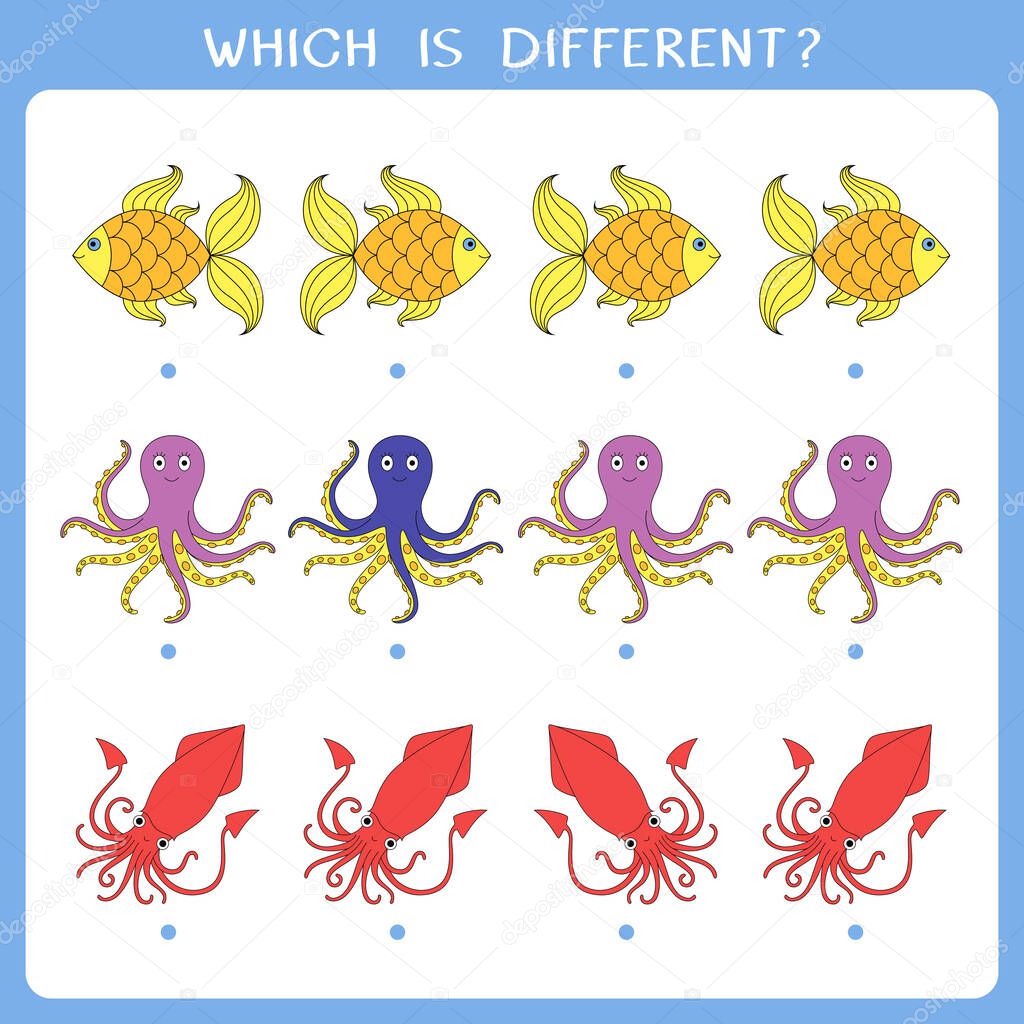 Simple logic game for kids. Find the odd one in the group. Vector illustration