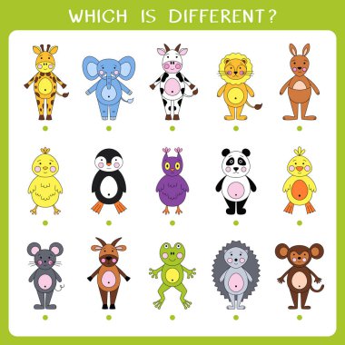 Çocuklar için basit bir mantık oyunu. Gruptaki tek kişiyi bul. Vektör illüstrasyonu