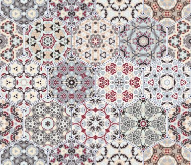 Kırmızı ve gri altıgen desenli fayans ayarla.