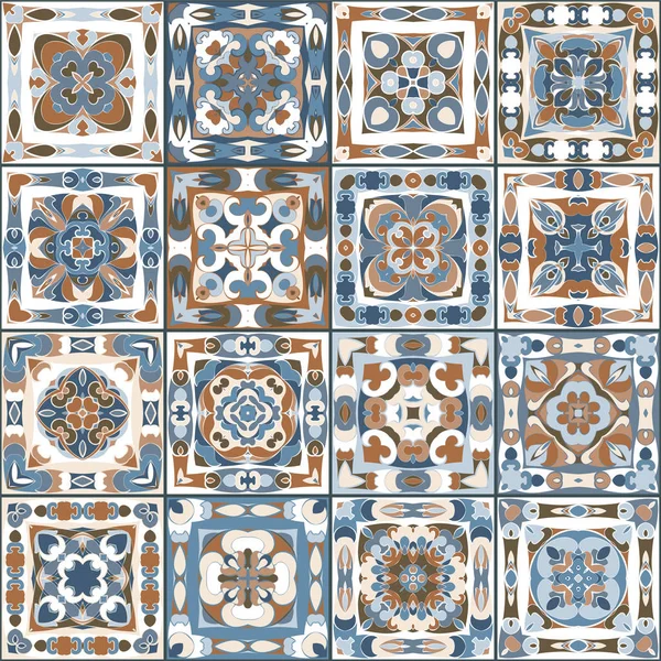 Een verzameling van keramische tegels in blauwe en bruine kleuren. — Stockvector