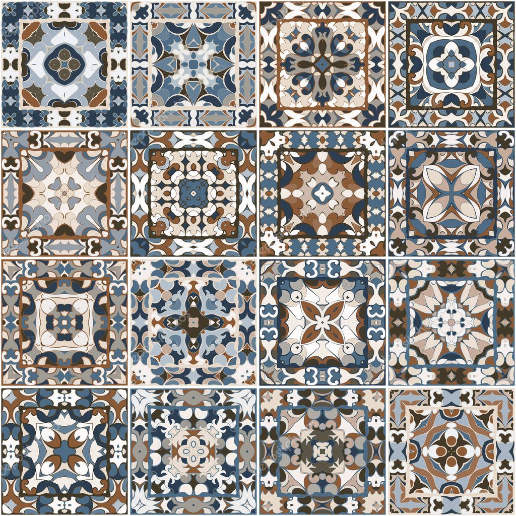 A collection of ceramic tiles in blue and brown colors.