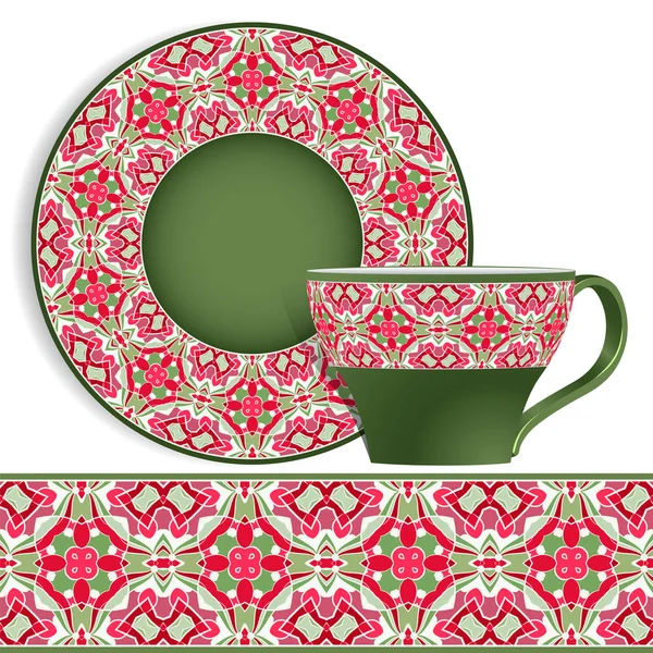 Cup and saucer with Oriental pattern. — Stock Vector