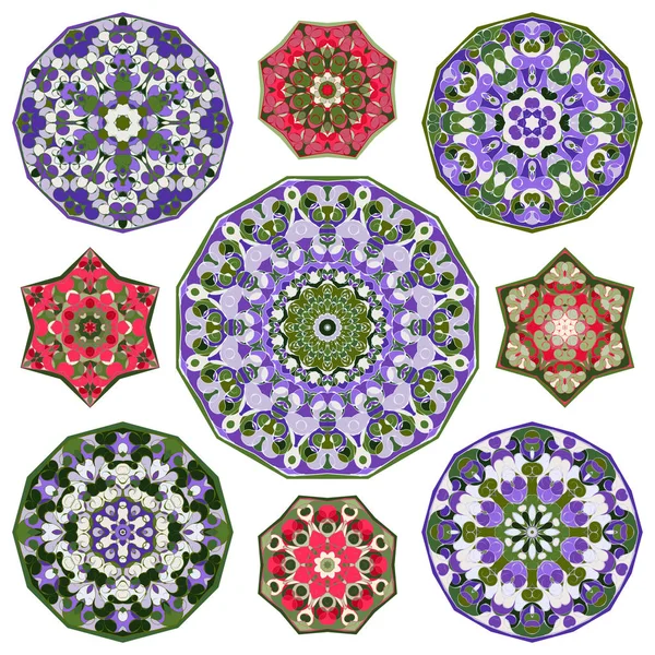 Conjunto de nove abstrato circular redondo colorido mandalas elementos . — Vetor de Stock