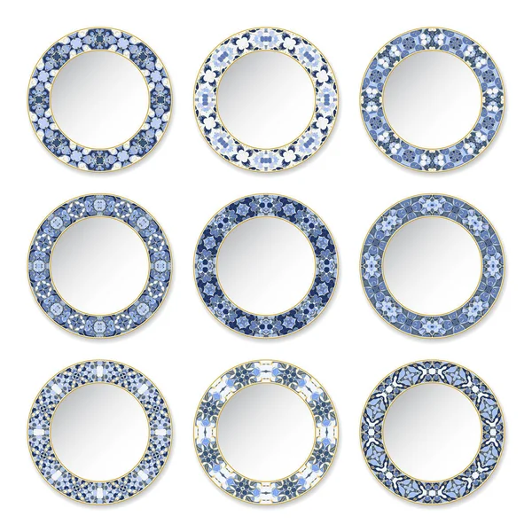 Bir dairesel mavi desen ve altın kontur dekoratif kaplamalar kümesi