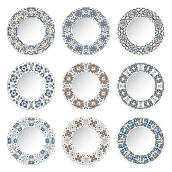 Conjunto de placas decorativas con un patrón circular azul — Vector de stock