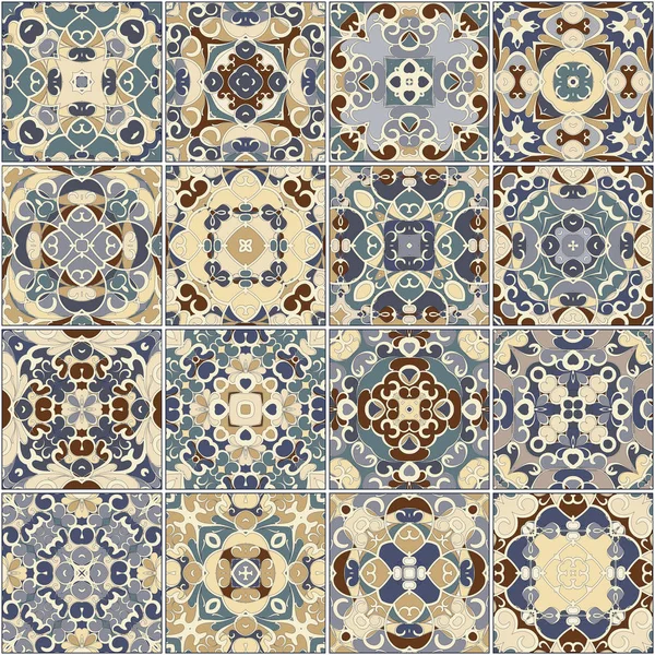 A collection of ceramic tiles in blue and beige colors. — Stock Vector