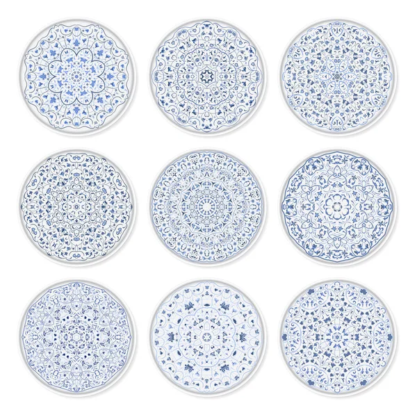 Conjunto de placas decorativas con un patrón azul árabe . — Archivo Imágenes Vectoriales