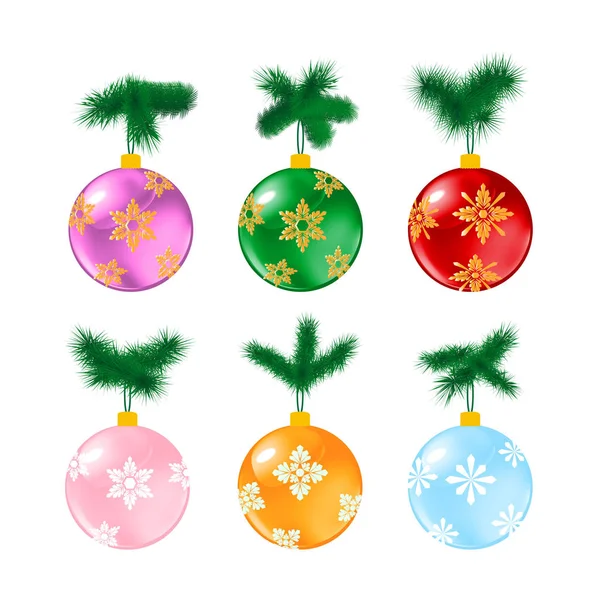 Bolas de Navidad con pino sobre blanco — Vector de stock