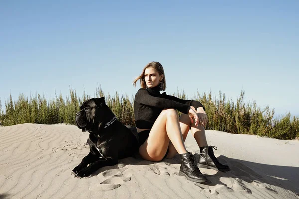 犬と砂浜の上に座っている女性. — ストック写真