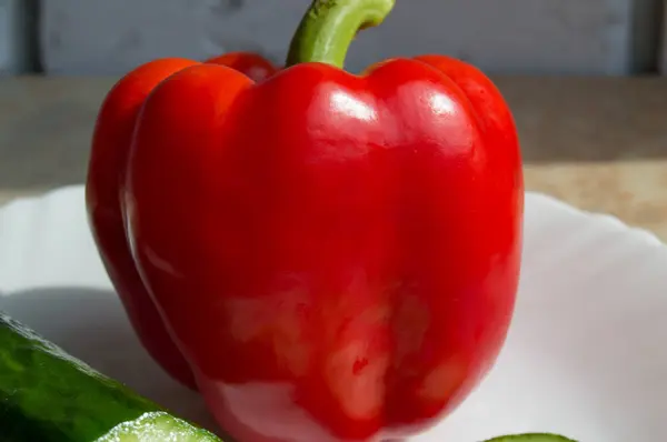 Paprika merah mentah menutup pada piring putih — Stok Foto