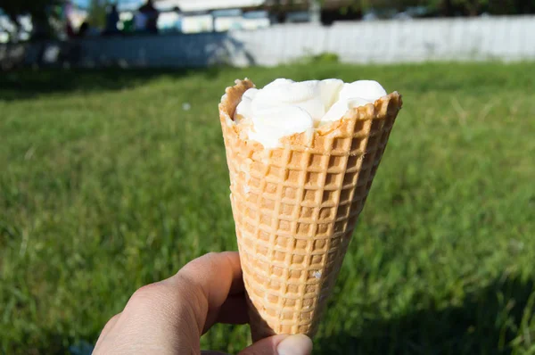 Sorvete em cone de waffle no fundo de grama turva. Gelado de mão — Fotografia de Stock