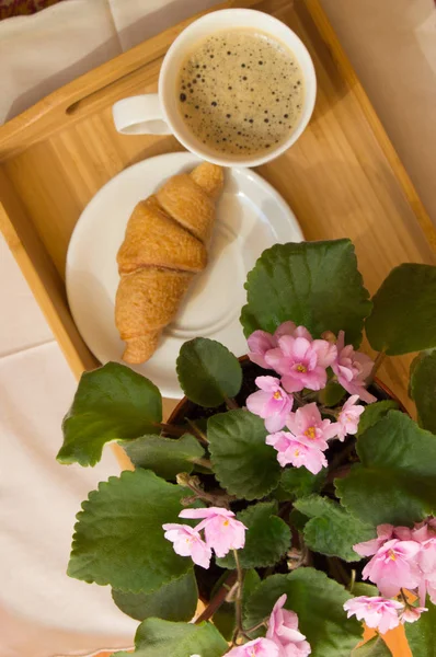 Buenos días - Desayuno con café y croissant en una bandeja de madera y flores rosa violeta — Foto de Stock