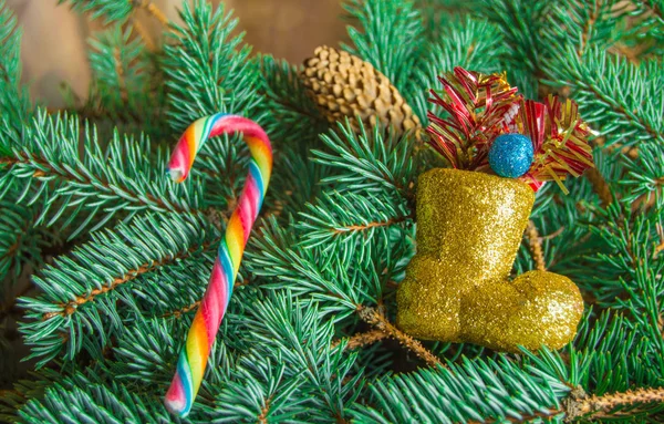 Christmas background, candy stick and boots lying on spruce branches — Stock Photo, Image