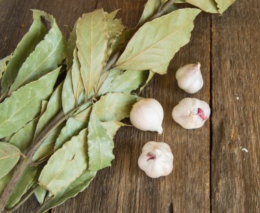 Defne yaprağı ve kopya alanı karanlık eski ahşap zemin üzerine sarımsak dalı