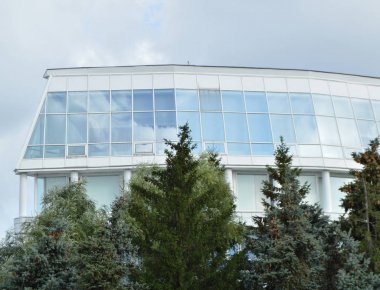 Arka plan cam ağaç modern ofis binası