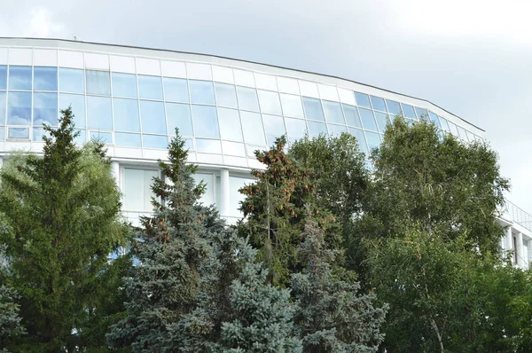 Modern kantoorgebouw van glas op achtergrond van bomen — Stockfoto
