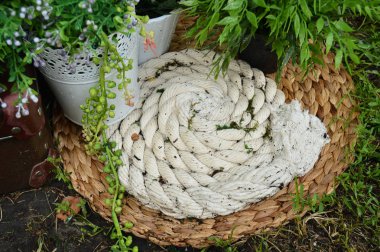 Güzel natürmort bahçede. Jüt halat, Mat, bitkiler pota