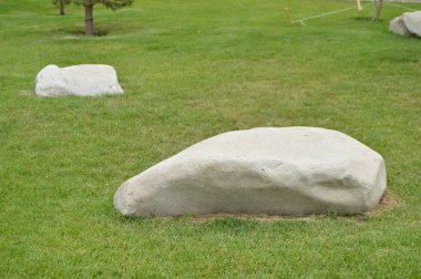 Bahçede peyzaj, beyaz taşlar yeşil çim üzerinde yalan