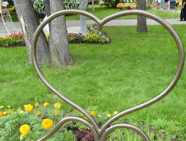 Modello di metallo simbolo del cuore, guardare attraverso il cuore sull'erba, Parco, San Valentino — Foto Stock