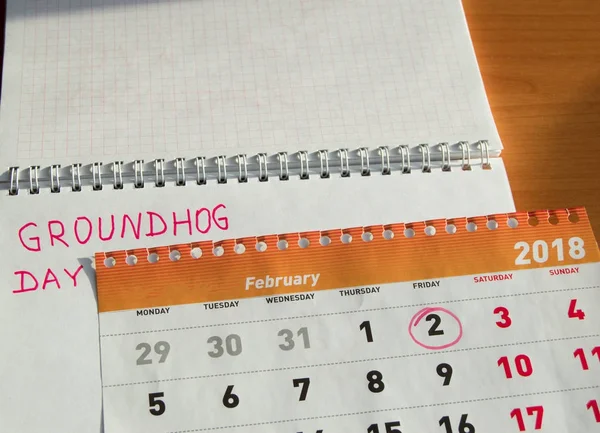 Día de la marmota Calendario de febrero, Bloc de notas con fecha 2 Feb — Foto de Stock