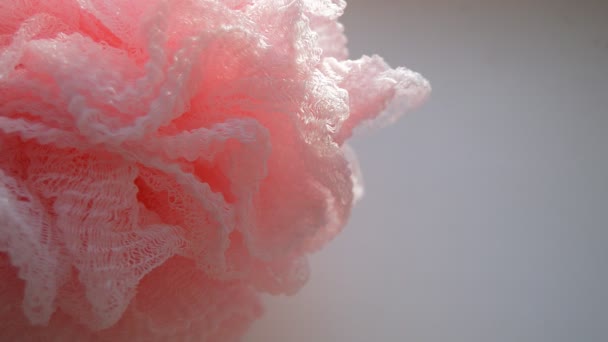 Round pink sponge moves near the foam in the shower — Stock Video