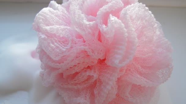 Round pink sponge moves near the foam in the shower — Stockvideo