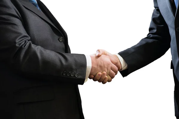Geschäftshandschlag von zwei Geschäftsleuten in Anzügen isoliert auf weißem Hintergrund — Stockfoto