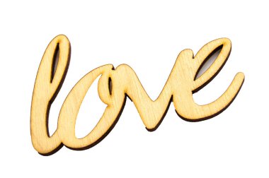 Tahta kelime aşk beyaz arka planda kırpılarak izole, tatil dekorasyonu için, tasarım için şablon