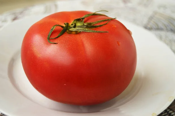 Un grande pomodoro rosso maturo crudo su un piatto bianco. Vista laterale, il concetto di cibo biologico — Foto Stock