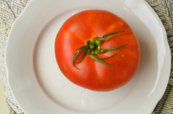 One large red ripe raw tomato on a white plate. Top view, the concept of organic food — Stock Photo, Image