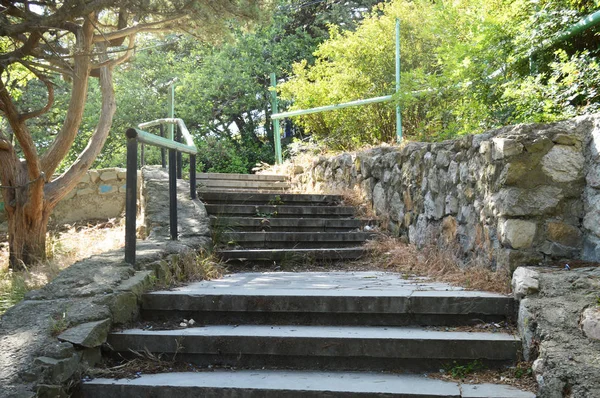 Egy gyönyörű lépcső kőlépcsőkkel és egy fém ráccsal a fák sűrűjében egy árnyas parkban, a nap átsüt a buja lombozaton. — Stock Fotó