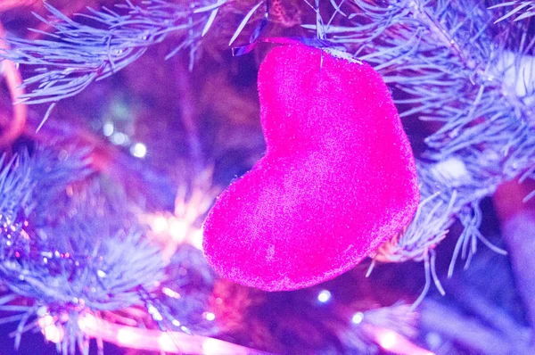 Weihnachten Hintergrund rosa Herz auf lila Hintergrund von Tannenzweigen, festliche futuristische Neon-Hintergrund — Stockfoto