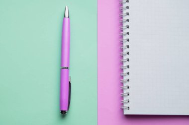 Boş sayfaları olan sarmal defter ve pastel pembe ve nane arkaplanlı dolmakalem, üst görünüm, düz yatış